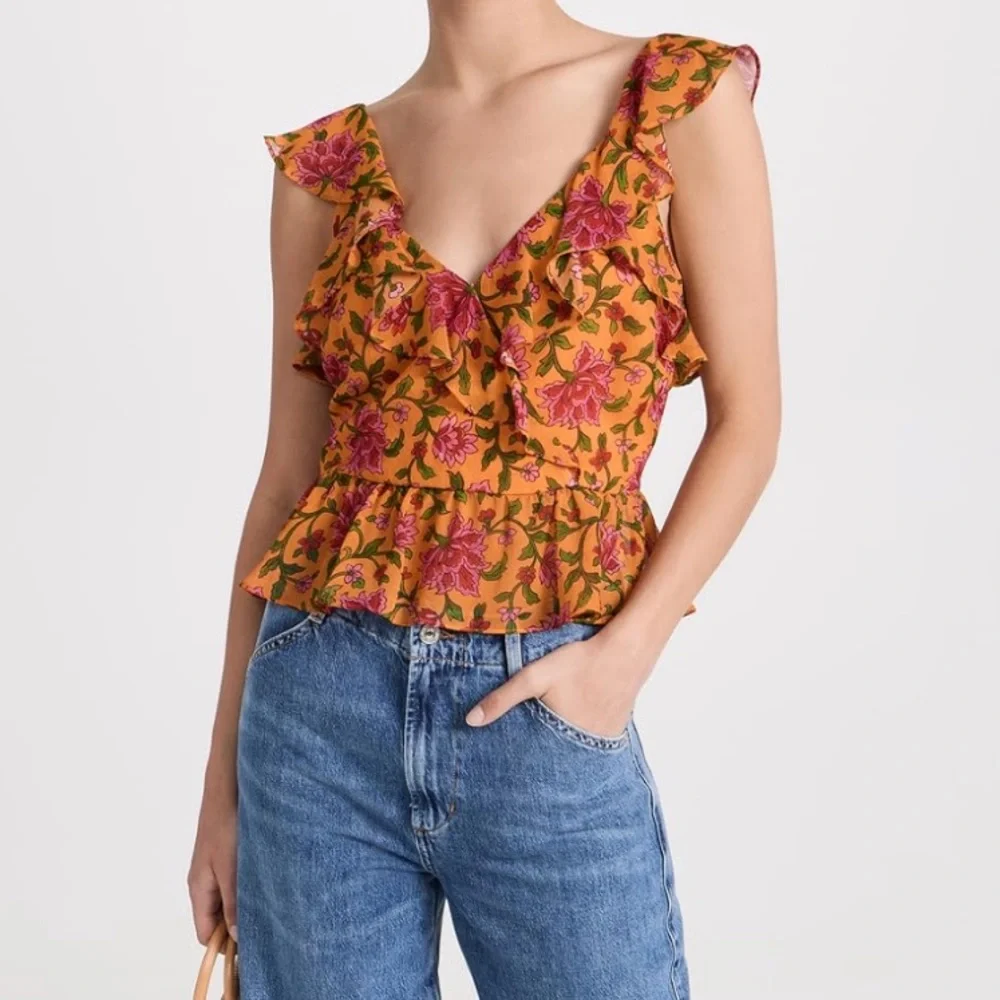 Floral Ruffle V-Neck Top - Yellow and Pink - Picture 3 of 9